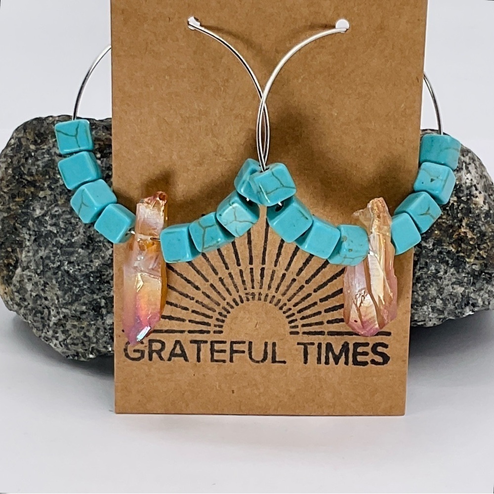 Earrings Hoops Quartz Crystal Teardrop Turquoise Beads Boho Valentine Day Gift